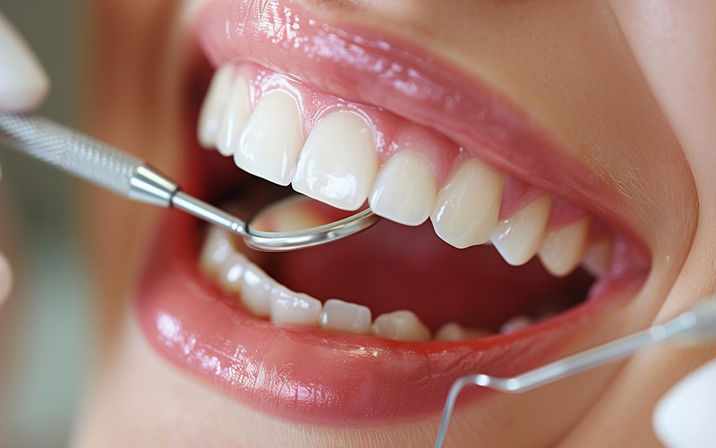 Dentist examining a patient's teeth for signs of recession.
