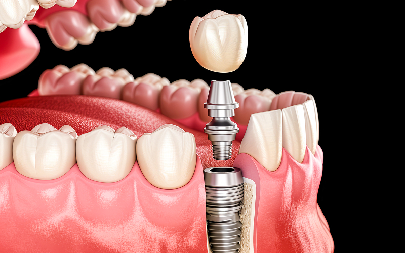 3D illustration showing components of a dental implant procedure.
